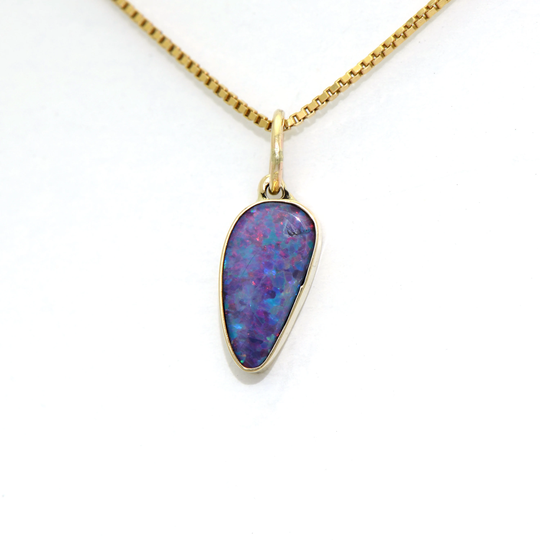 Vivid Blue Opal Charm With Fiery Red Flecks, Handmade in 14K Solid Gold, Little & Dreamy