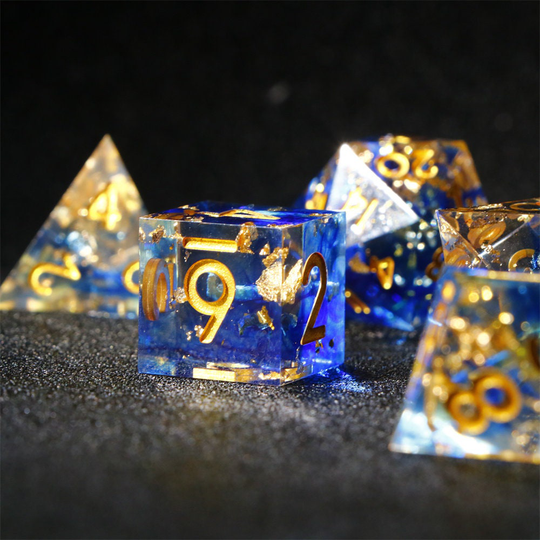 Blue & Gold Resin Sharp Edge Dice Set | D Dungeons Dragons Rpg Polyhedral D20 D12 D10 D8 D6 D4