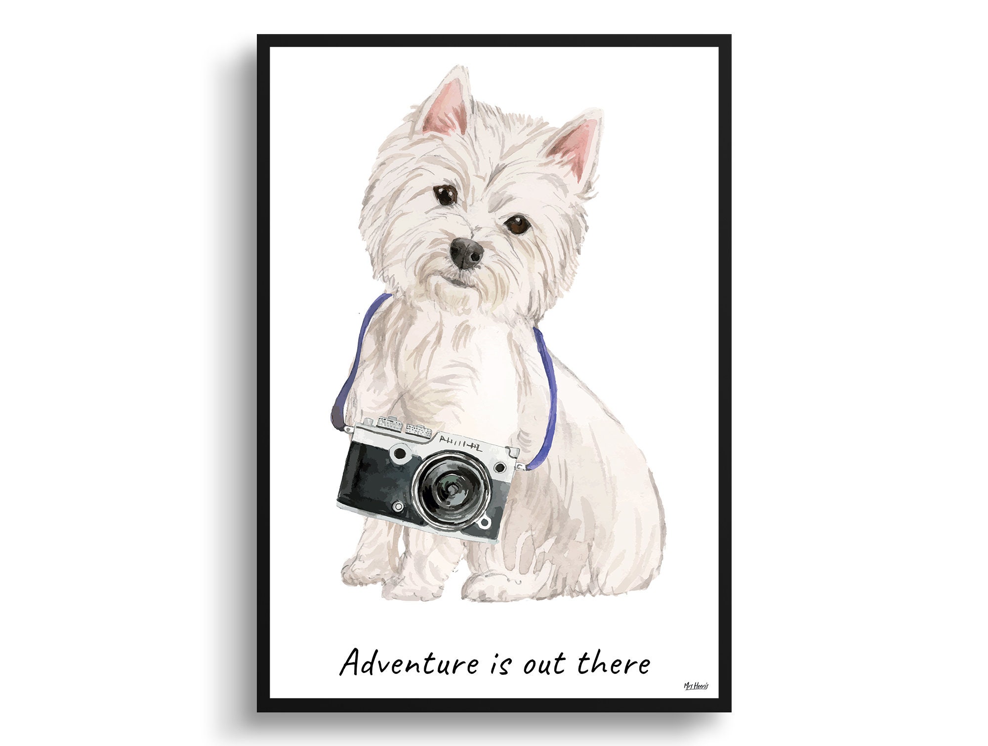 Adventure Is Out There Westie Dog Print Illustration. Framed & Un-Framed Wall Art Options. Personalised Name
