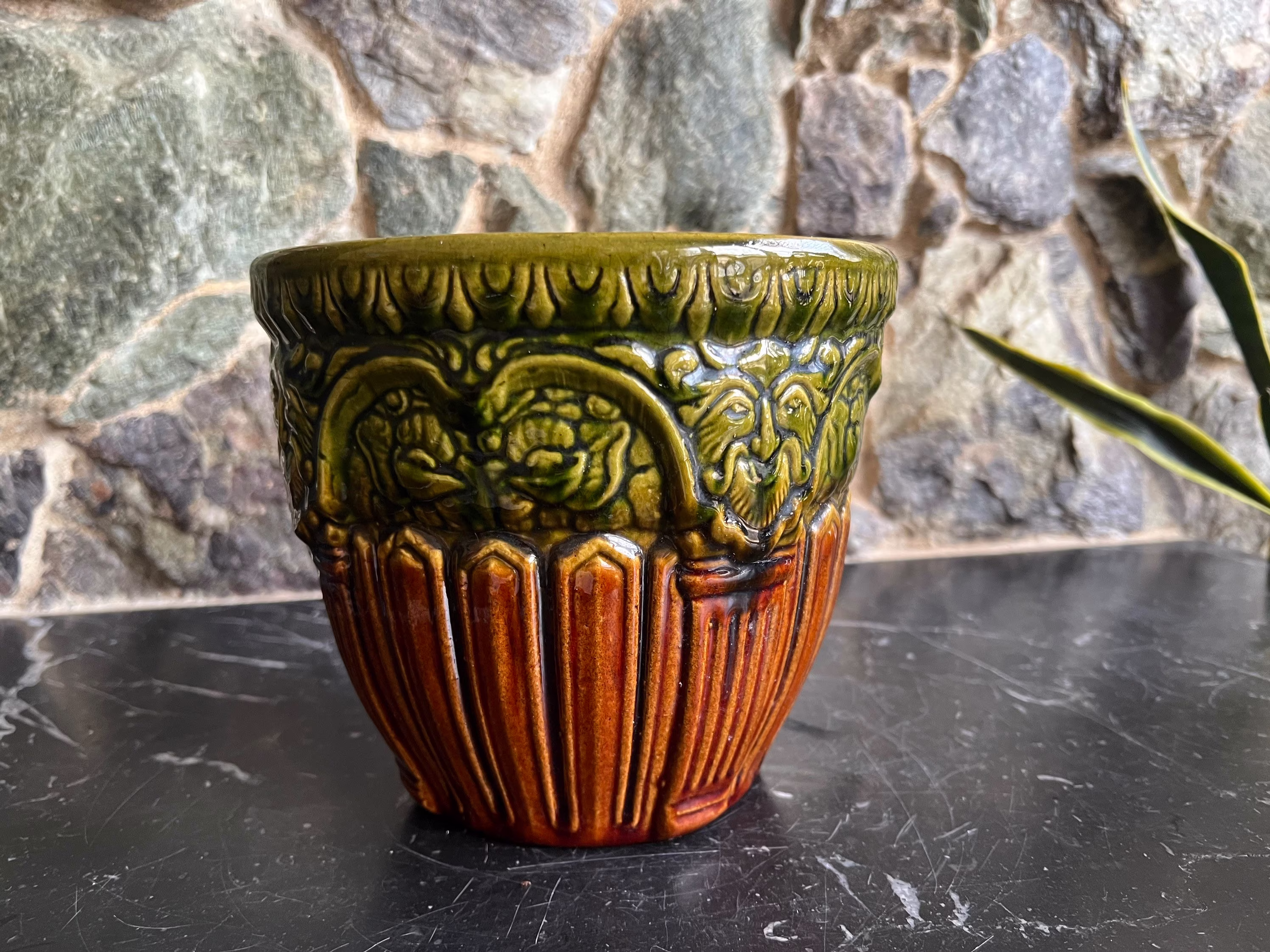 Antique Mccoy Jardiniere Blended Nuglaze 1920S Goat Rams Head Gargoyle Demon Majolica