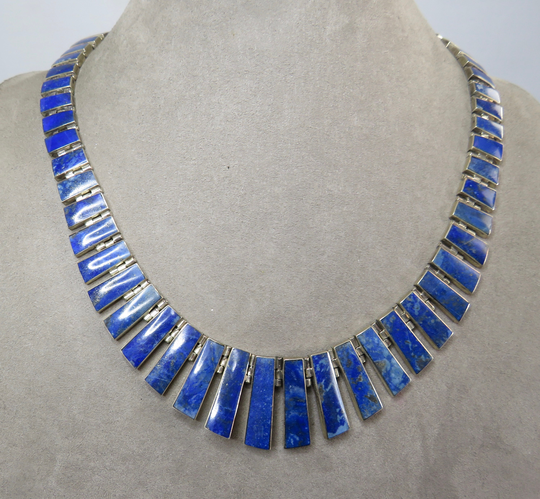 980 Sterling Silver & Lapis Lazuli Graduated Bar Link Necklace Tm22