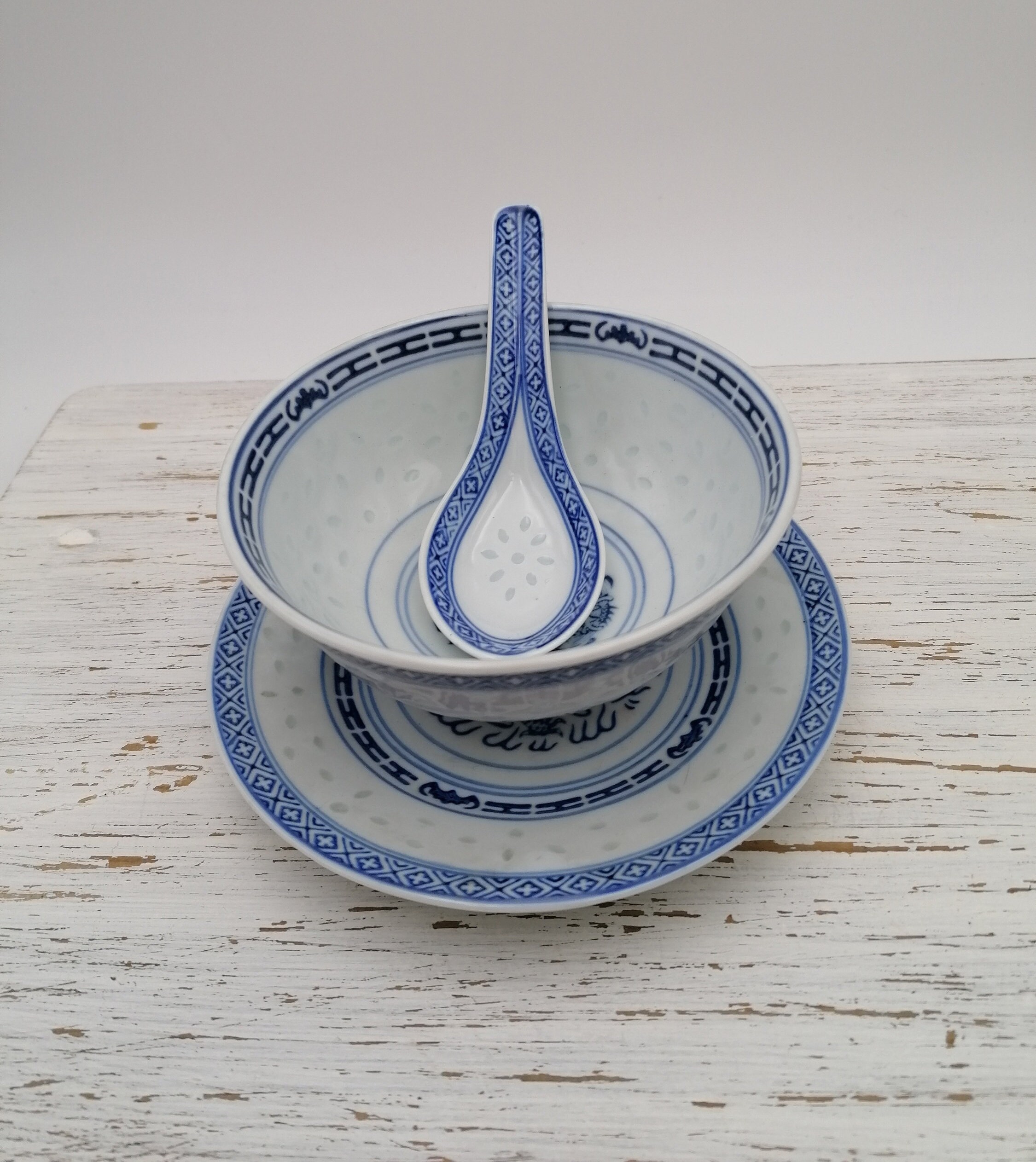 Set Of 3 Blue Porcelain Chinese Rice Noodle Soup Bowl, Spoon & Plate, Oriental Porcelain, Asian Home Decor