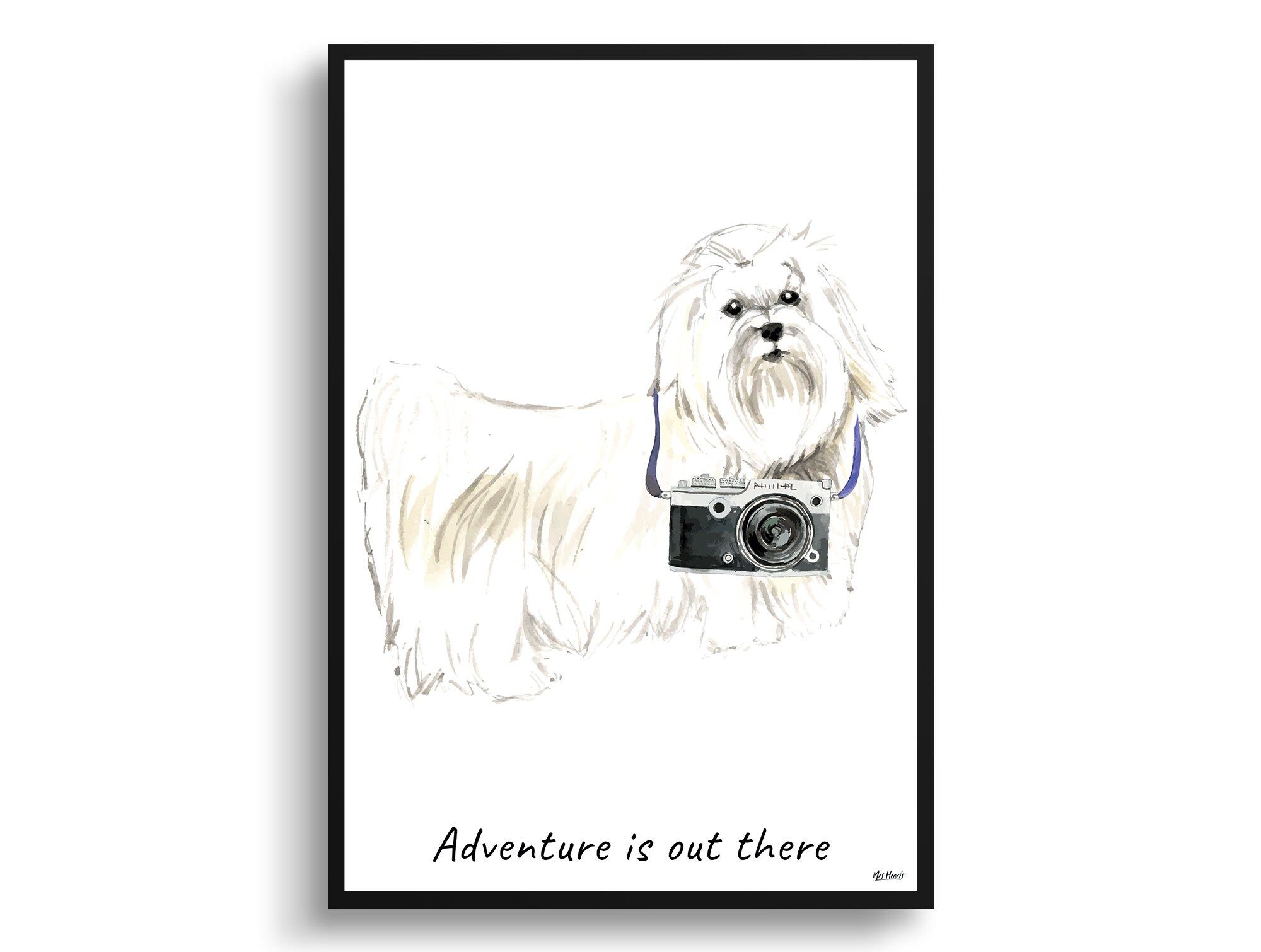 Adventure Is Out There Maltese Dog Print Illustration. Framed & Un-Framed Wall Art Options. Personalised Name