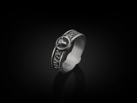 Taurus Bull With Lily Motifs Handmade Sterling Silver Men Band Ring, Ram Wedding Stackable Biker Animal Zodiac Sign Ring