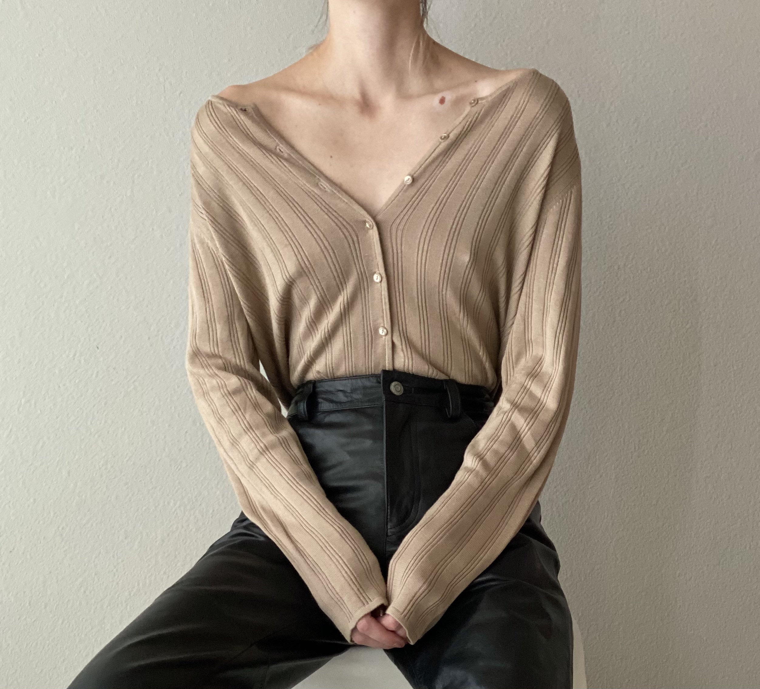 Vintage Silk Blend Honey Beige Cardigan, Size Large