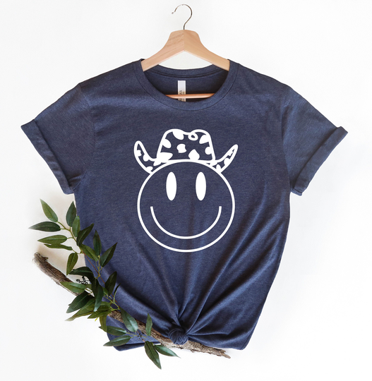 Smiley Face Shirt, Howdy Western T-Shirt, Country Girl Cow Pattern Southern Cowgirl Shirt