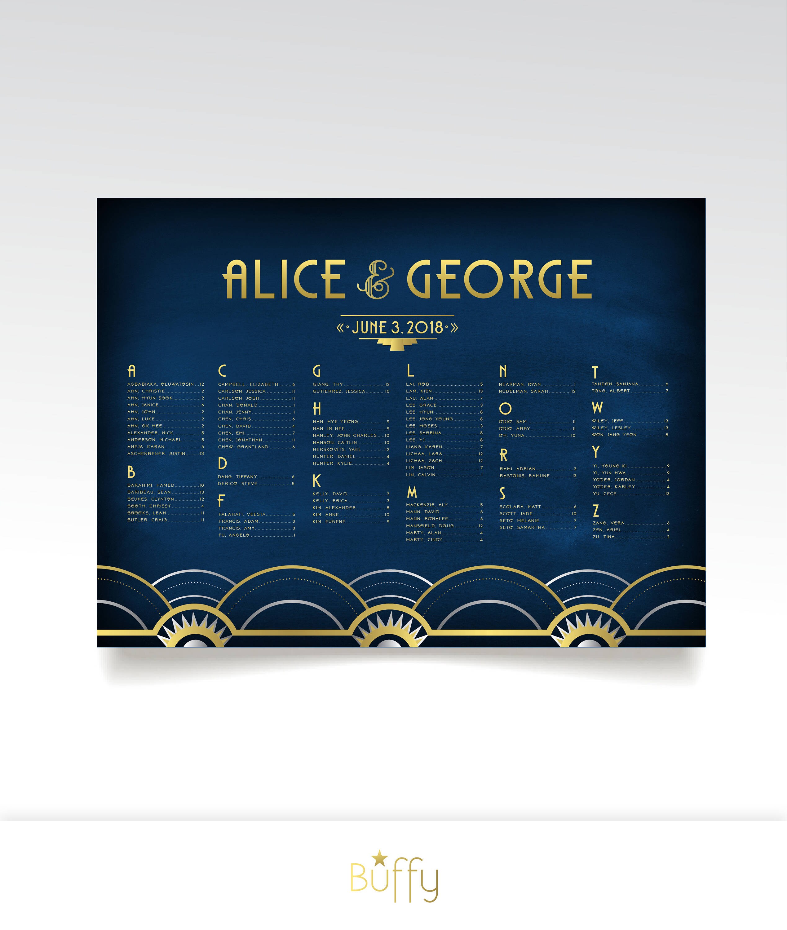 Art Deco Alphabetical Seating Chart Large Printed Sign Great Gatsby 1920S Gold Silver Foil & Navy Chalkboard Speakeasy New Years . The Alice