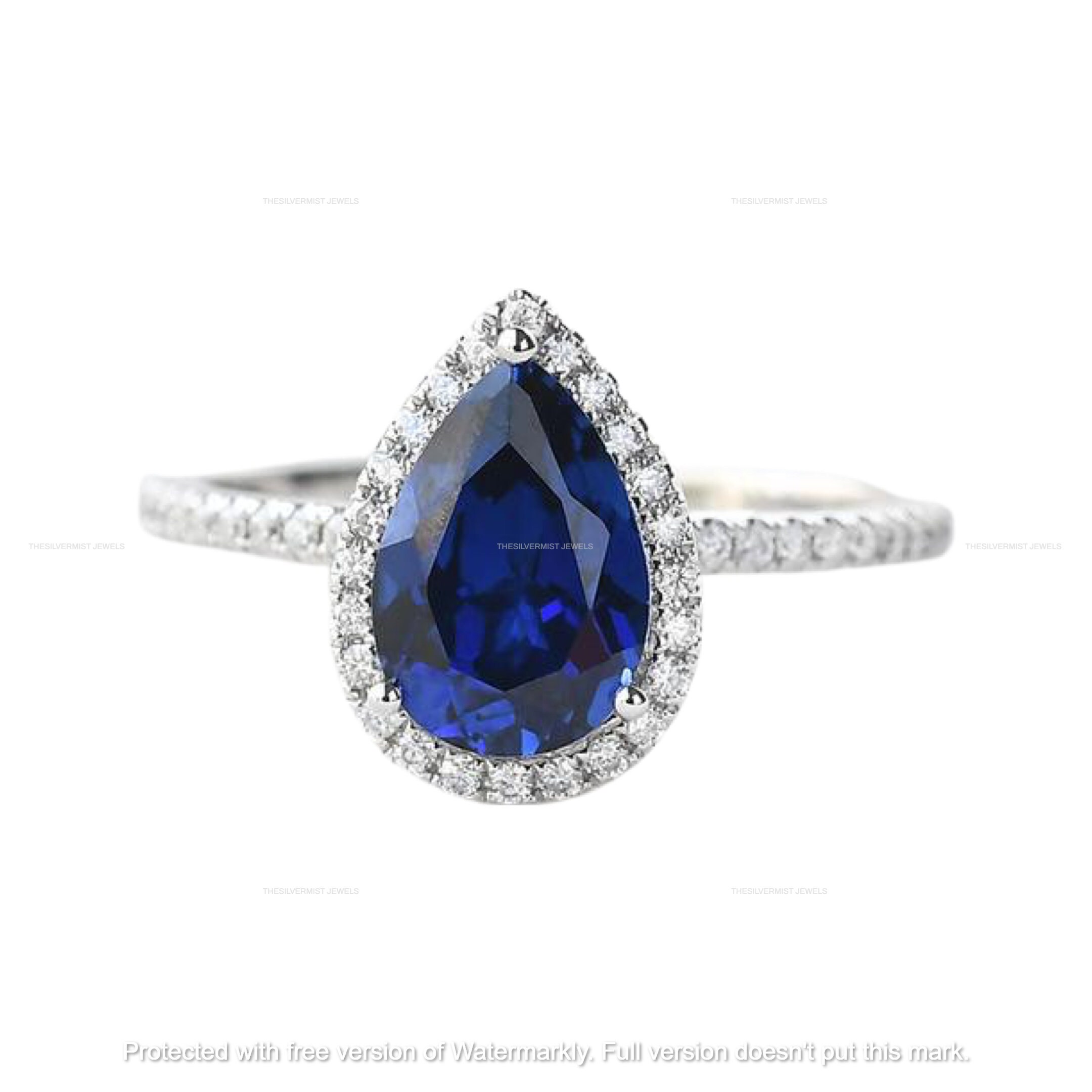 Pear Shaped Blue Sapphire Engagement Ring, Lab Created 14K White Gold Over 925 Sterling Silver Wedding Promise Ring For Her