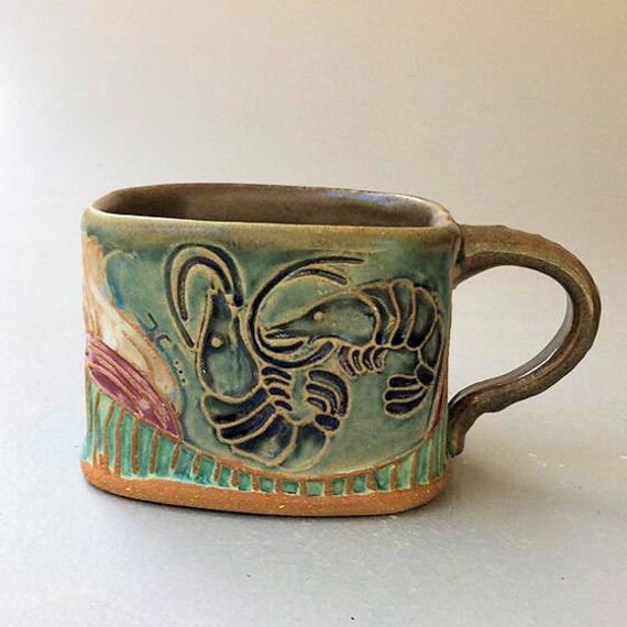 Shrimp Soup Mug Hand Built Stoneware Microwave & Dishwasher Safe 18 Oz