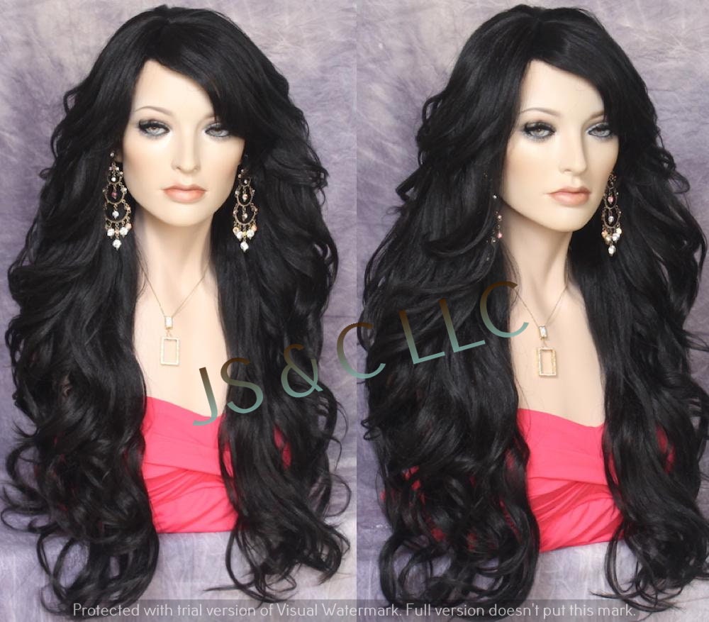 stunning Human Hair Blend Heat Ok Jet Black Goddess Full Wig Big Loose Beachy Waves Full Bangs Cancer/Alopecia/Cosplay