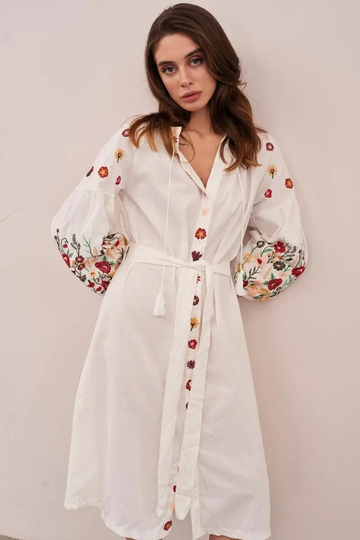 Floral Embroidered Cottagecore White Dress, Wild Flowers Embroidery Vyshyvanka Embroidered Boho Clothing