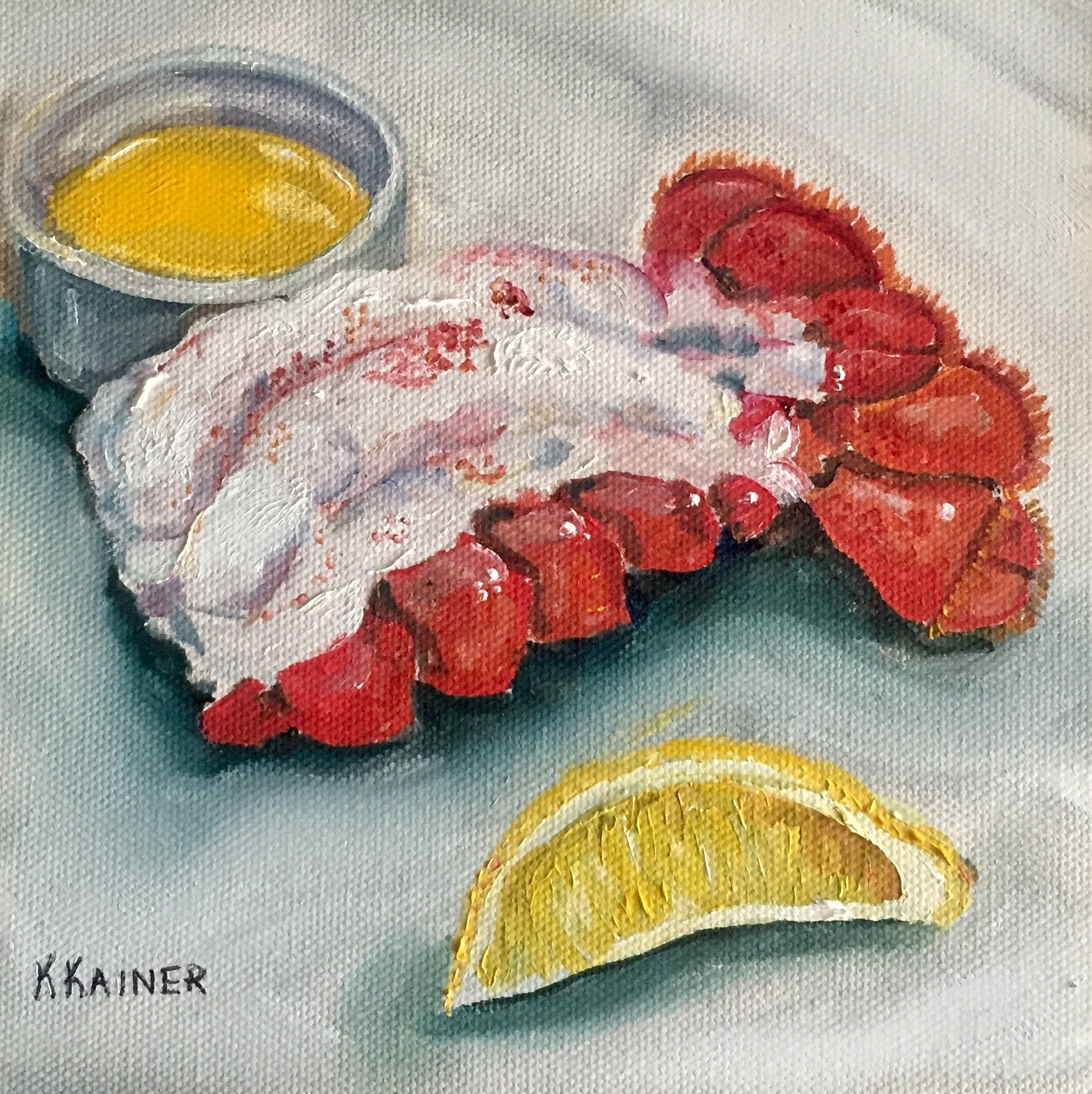 Lobster Tail Seafood Shellfish Food Kitchen Original Oil Painting Art 6x6 By Kristine Kainer