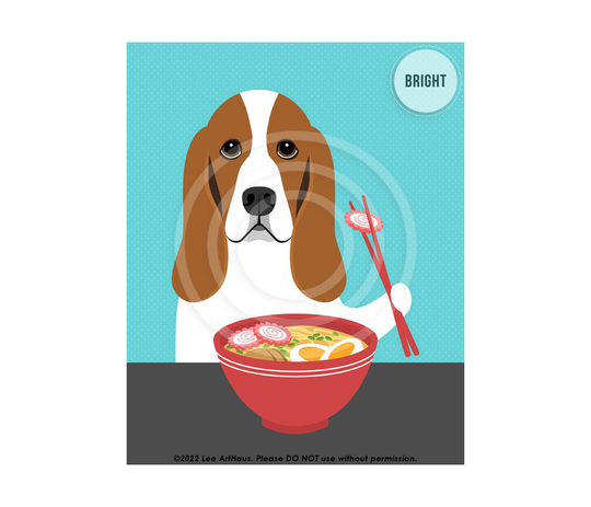 389Dp Ramen Art Prints - Basset Hound Eating Wall Mom Funny Dog Gifts Drawing Whimsical Animal