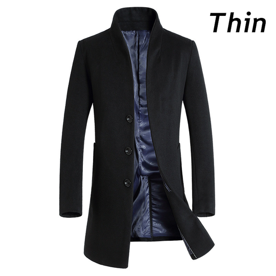 Winter New Men's Fine Wool Blend Solid Color Casual Business Stand Collar Woolen Coats / Male Slim Windbreaker Coat Men Jackets - black thin, m