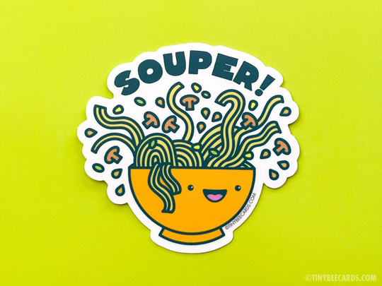 Cute Noodle Soup Vinyl Sticker "Souper" - Funny Sticker For Water Bottle, Laptop, Car, Kawaii Ramen Art Sticker, Cute Aesthetic, Food Pun