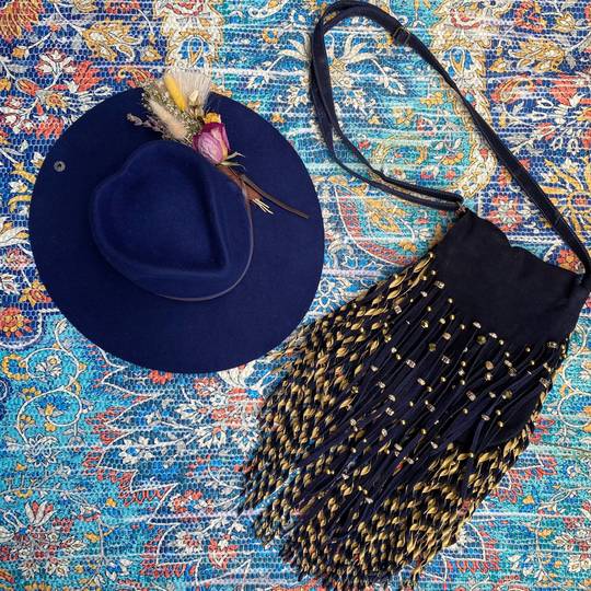 Handmade Rich Navy Blue Suede Handbag Hand Beaded Gold Fringe Twisted & Painted