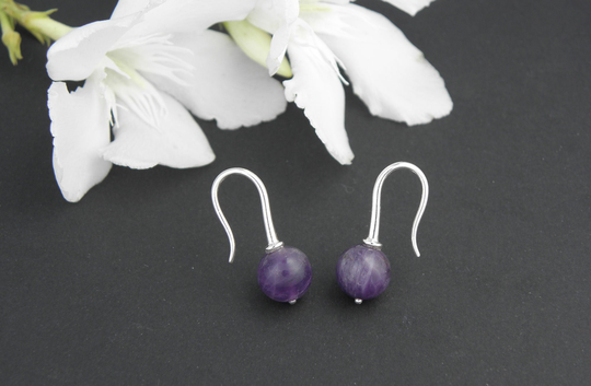 Amethyst Earrings Silver 925, Amethyst Spheres Sterling