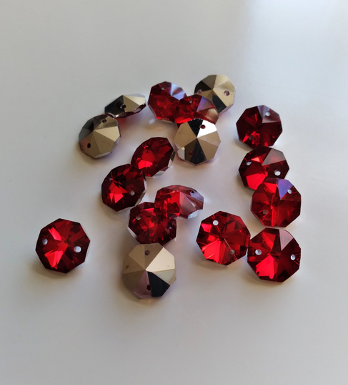 Red Silver Back Crystal Octagon Beads 14mm Set Of 12 For Chandeliers, Windchime, Crafts, Wreaths, Costumes, Home Decor