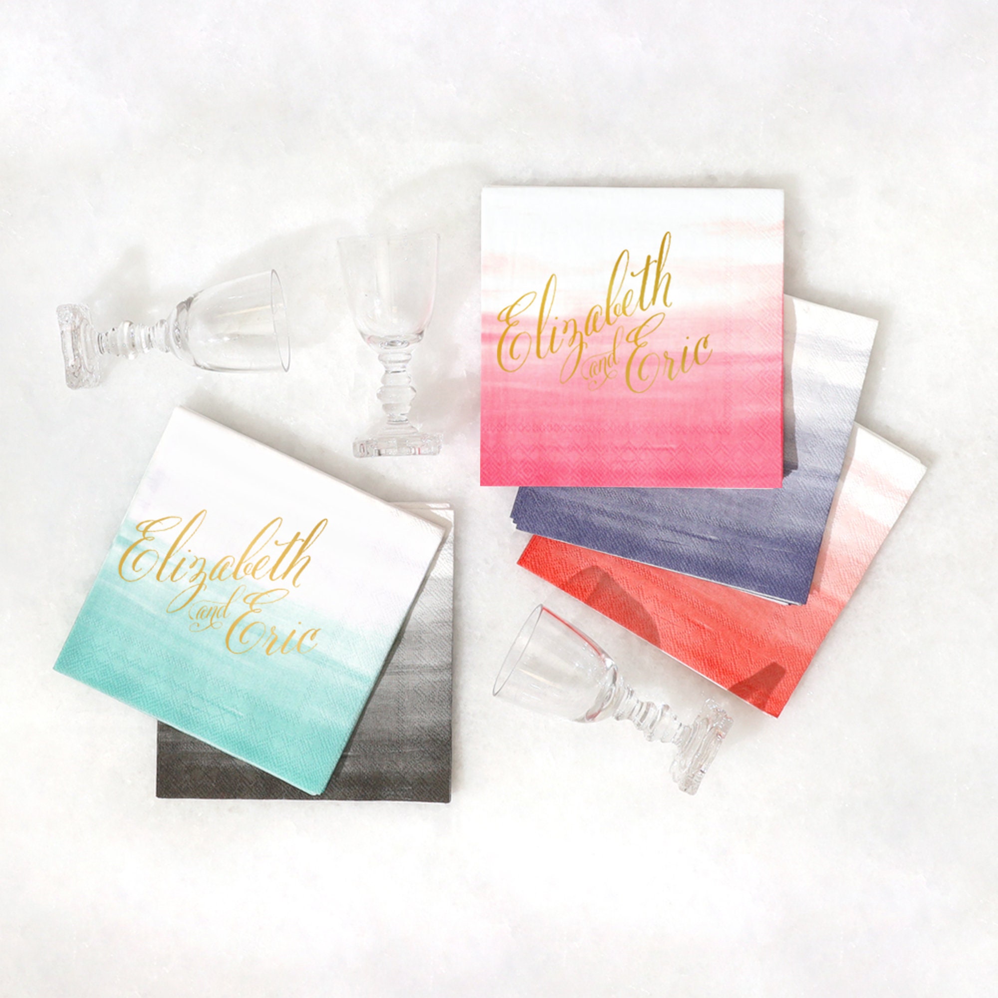 Ombre Cocktail Napkins - Custom Script Names Patterned Napkins, Wedding Reception Decor, Party Personalized Foil Napkin