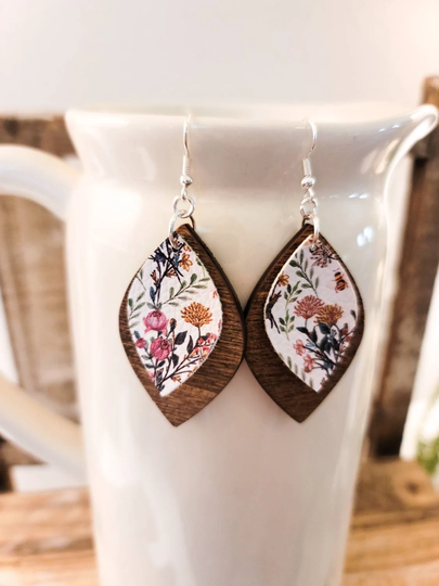 Wooden & Floral Earrings, Lightweight, Gift For Her, Mom, Girlfriend, Friend, Nature Lover, Flowers, Wood, Dangly Earrings