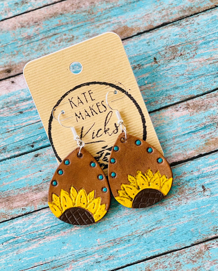 Sunflower | Hand Tooled Leather Teardrop Earring Earrings Authentic Western Boho