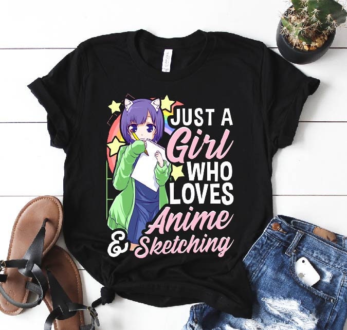 Anime Shirt For Girls Women, Just A Girl Who Loves & Sketching Bowl T-Shirt, Japanese Lover Gift Kawaii Manga Or Cosplay
