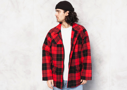 Checkered Lightweight Jacket Wool Blend Red 90S Casual Outerwear Men Vintage Clothing Plaid Shirt Streetwear Size Xl Extra Large