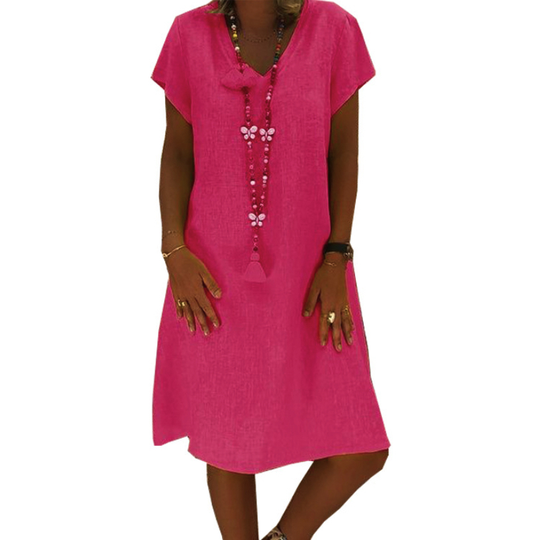 2022 Solid color short sleeve V-neck A-Slim dress cotton blend - ROSE RED, 2XL