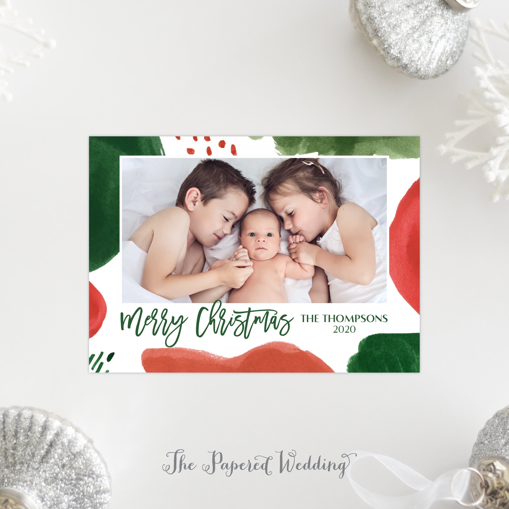 Printable Or Printed Abstract Christmas Cards - Modern Red & Green Watercolor Landscape Photo Holiday Cards, One Picture 127 P1