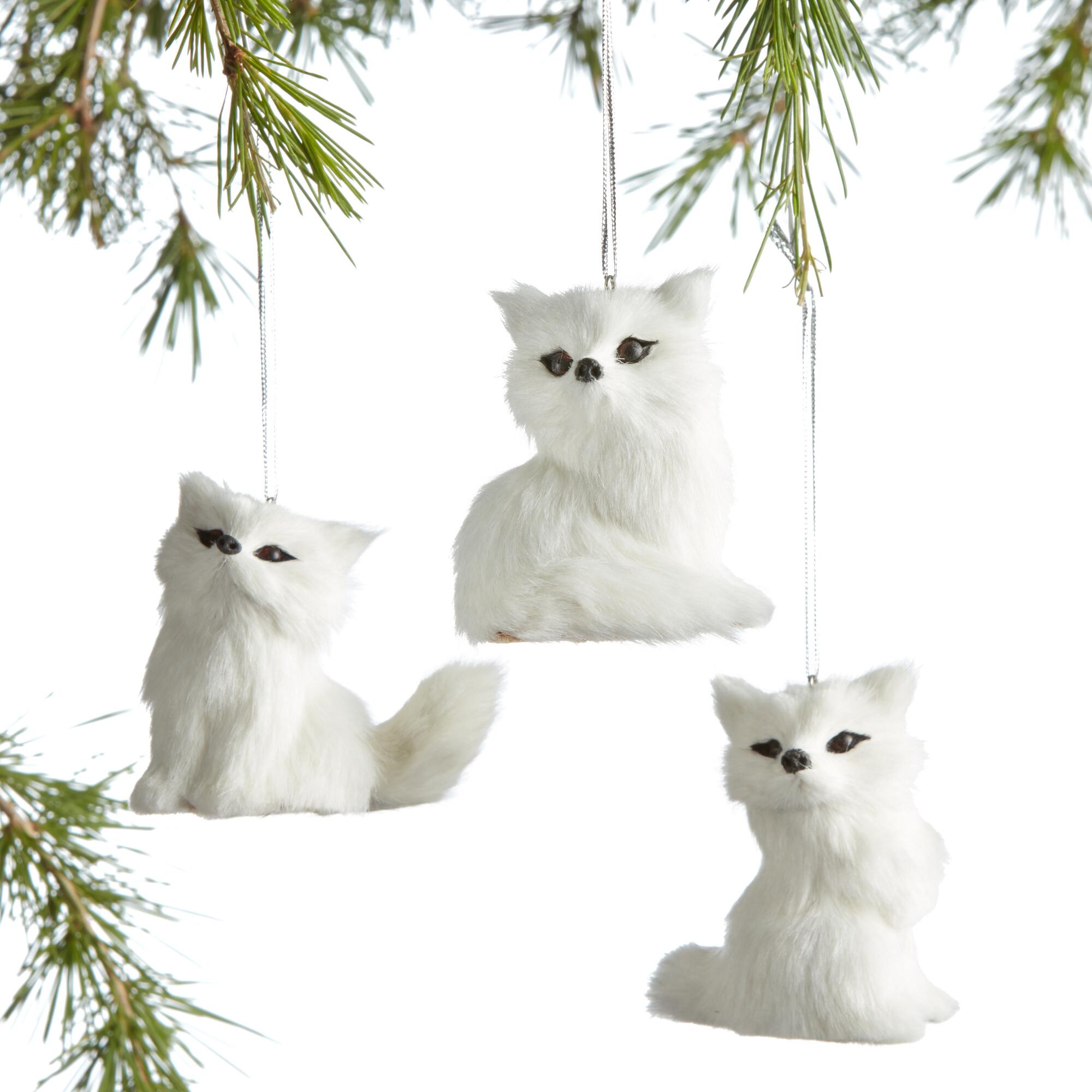 White Faux Fur Fox Ornaments Set of 3 by World Market