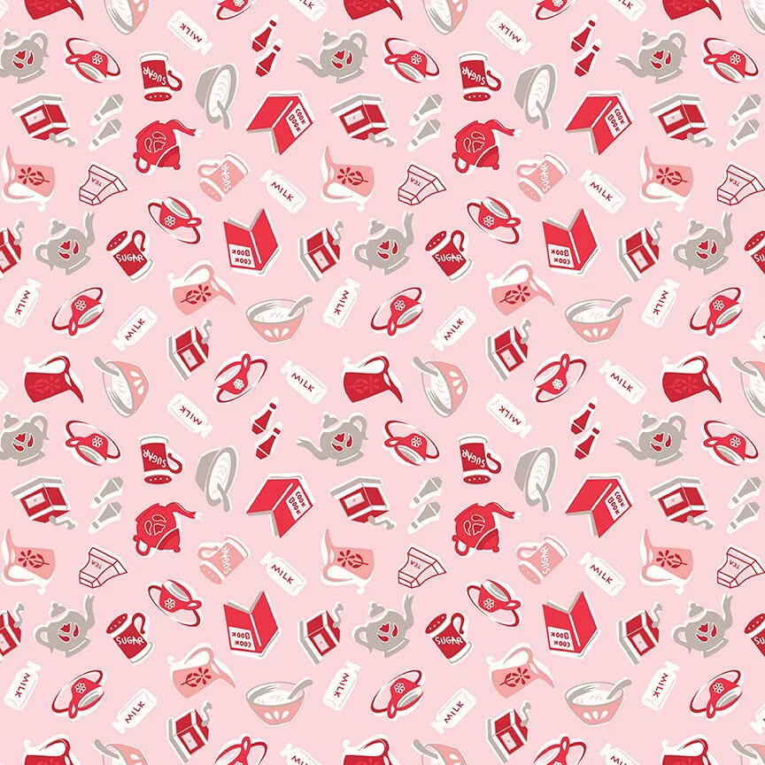Lori Holt Cook Book Fabric By Riley Blake - Pink & Red Kitchen The 1/2 Yard Or Fat Quarter