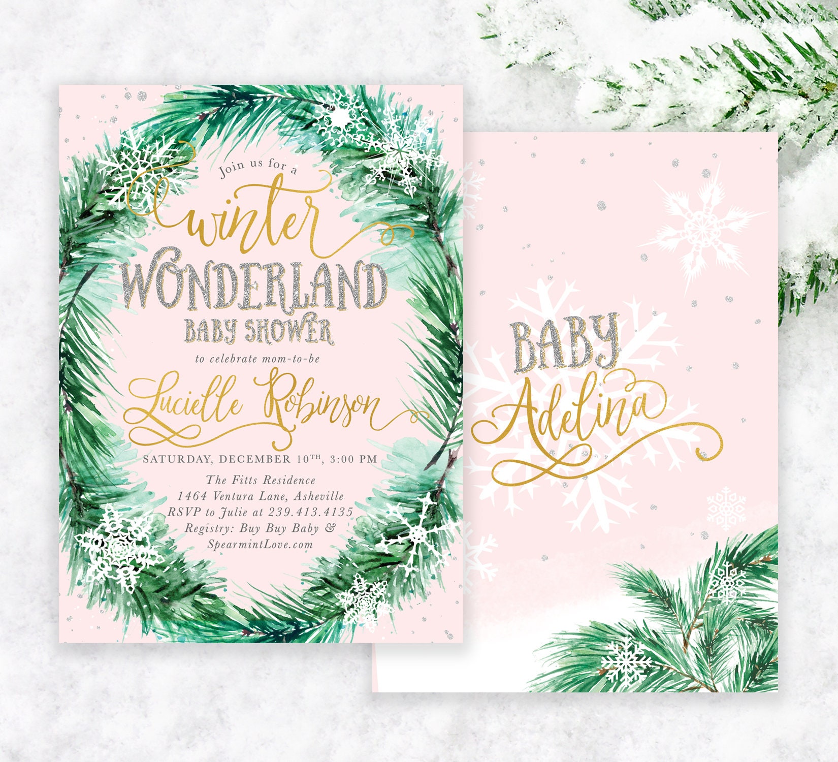 Winter Baby Shower Invitation Girl, Wonderland Shower, Girl Invite, Snow Holiday 42 Pink