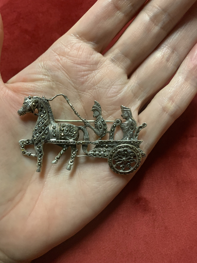 Unique Vintage Articulated Pin Chariot With Horses in Sterling Silver & Marcasite
