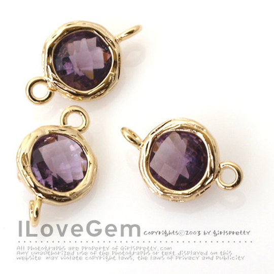 2Pcs, B113 Gold Plated, Amethyst, Glass, Mini Disc Connector, 7.6mm, Birthstone Glass Connectors, Birth Stone Pendant