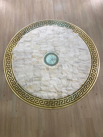 Natural Round Sheepskin Patchwork Area Rug, White & Gold Large Rug For Home Decor, Carpet, Uniqeu