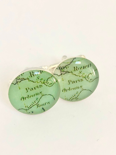 Map Cufflinks, Green Cuflinks, Antique Brass Paris French Cufflinks