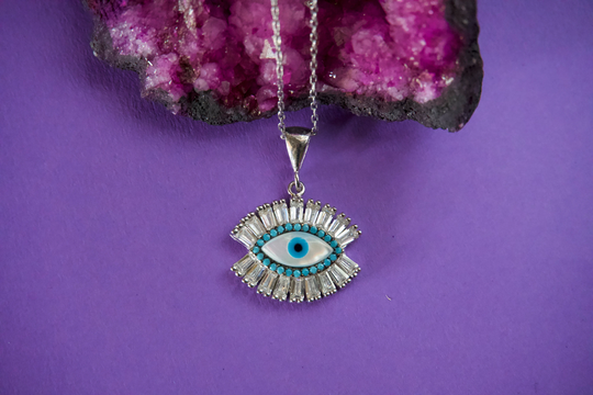 Eyelash Crystal Evil Eye Sterling Silver Necklace With Cz Stones. Third Protection Jewelry