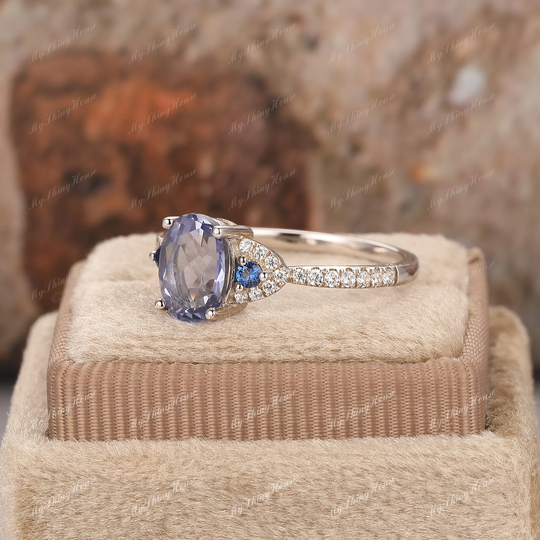 Half Eternity Wedding Ring/ Oval Cut 6x8mm Tanzanite Bridal Solid 14K Gold Engagement Blue Gemstone Promise Vintage Ring