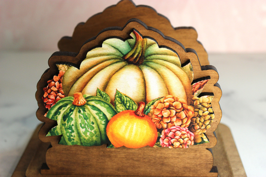 Unique Fall Pumpkin Napkin Holder Made From Solid Pine Wood & Maple Mdf Overlay With Design Printed in Uv Ink On Both Sides