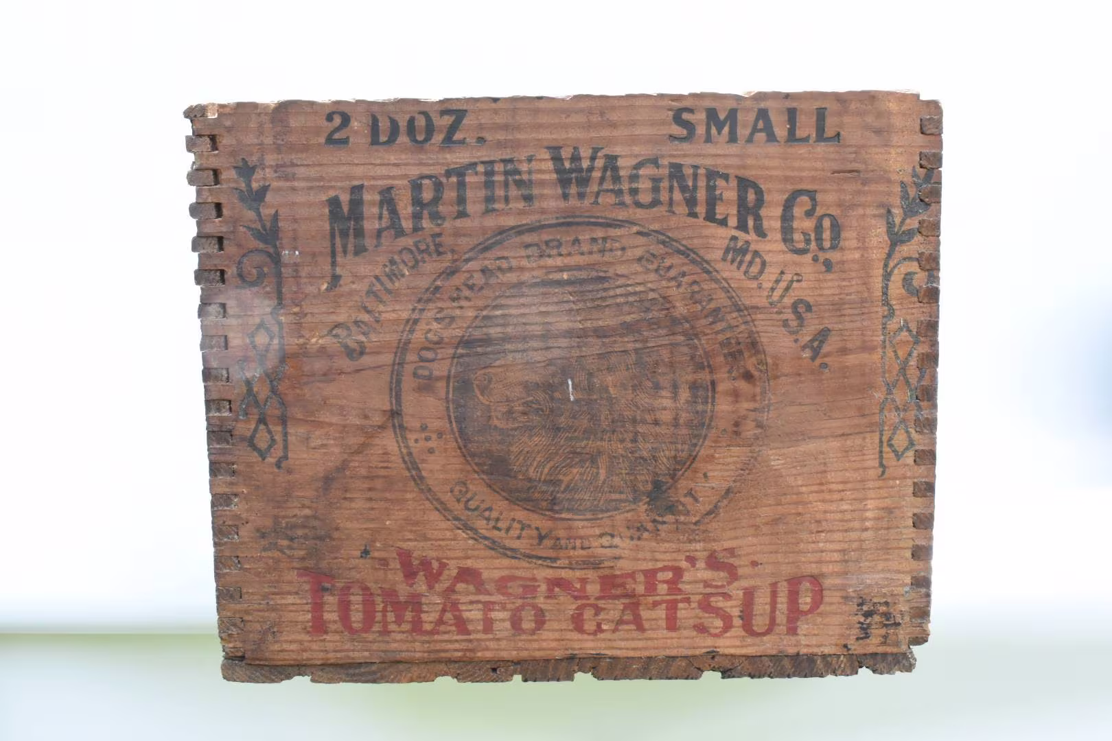 Antique Wooden Advertising Crate Martin Wagner Ketchup Box Baltimore Maryland - Dogs Head Brand