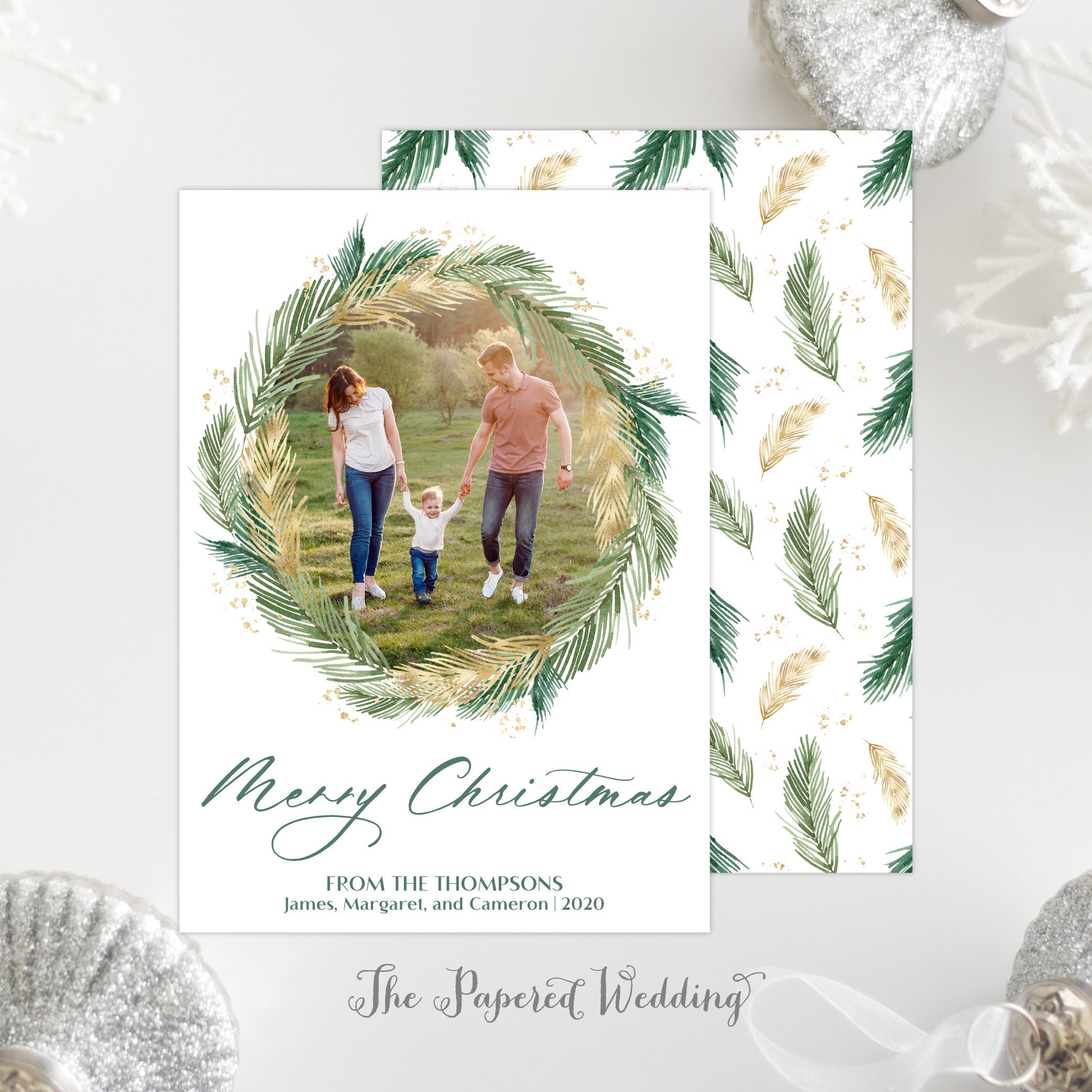 Printable Or Printed Green & Gold Photo Holdiay Cards - Merry Christmas With Pine Needles One Picture 121 P1