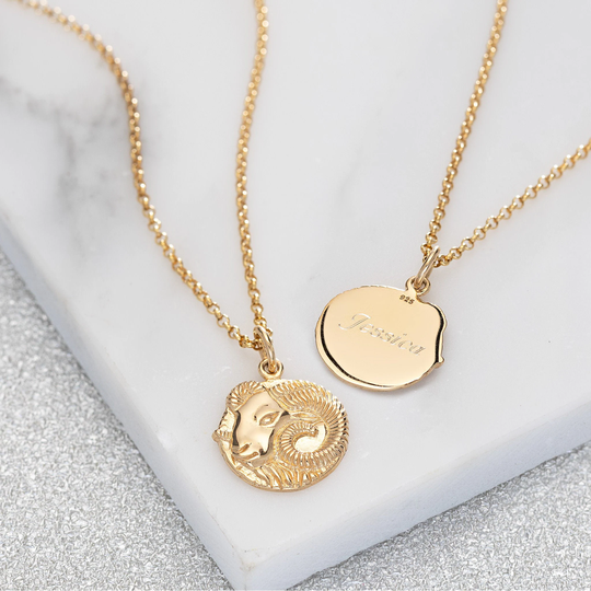 Engraved Gold Plated Aries Zodiac Necklace - Star Sign Jewellery Disc Ram Pendant Horoscope Birth Month Gift
