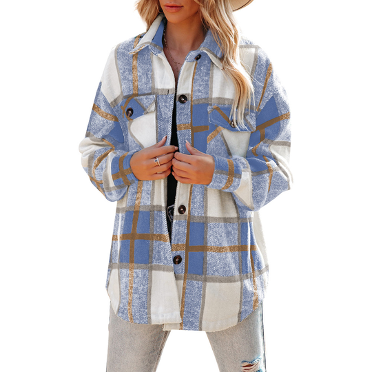 Womens Casual Plaid Shacket Wool Blend Button Down Long Sleeve Shirt Fall Jacket Shackets - light blue, L