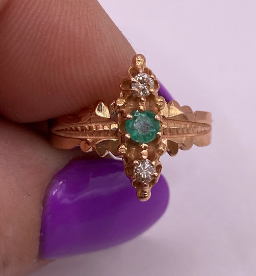 14K Rose Gold Victorian Ring Diamond & Emerald Sz 6.5 | 1371