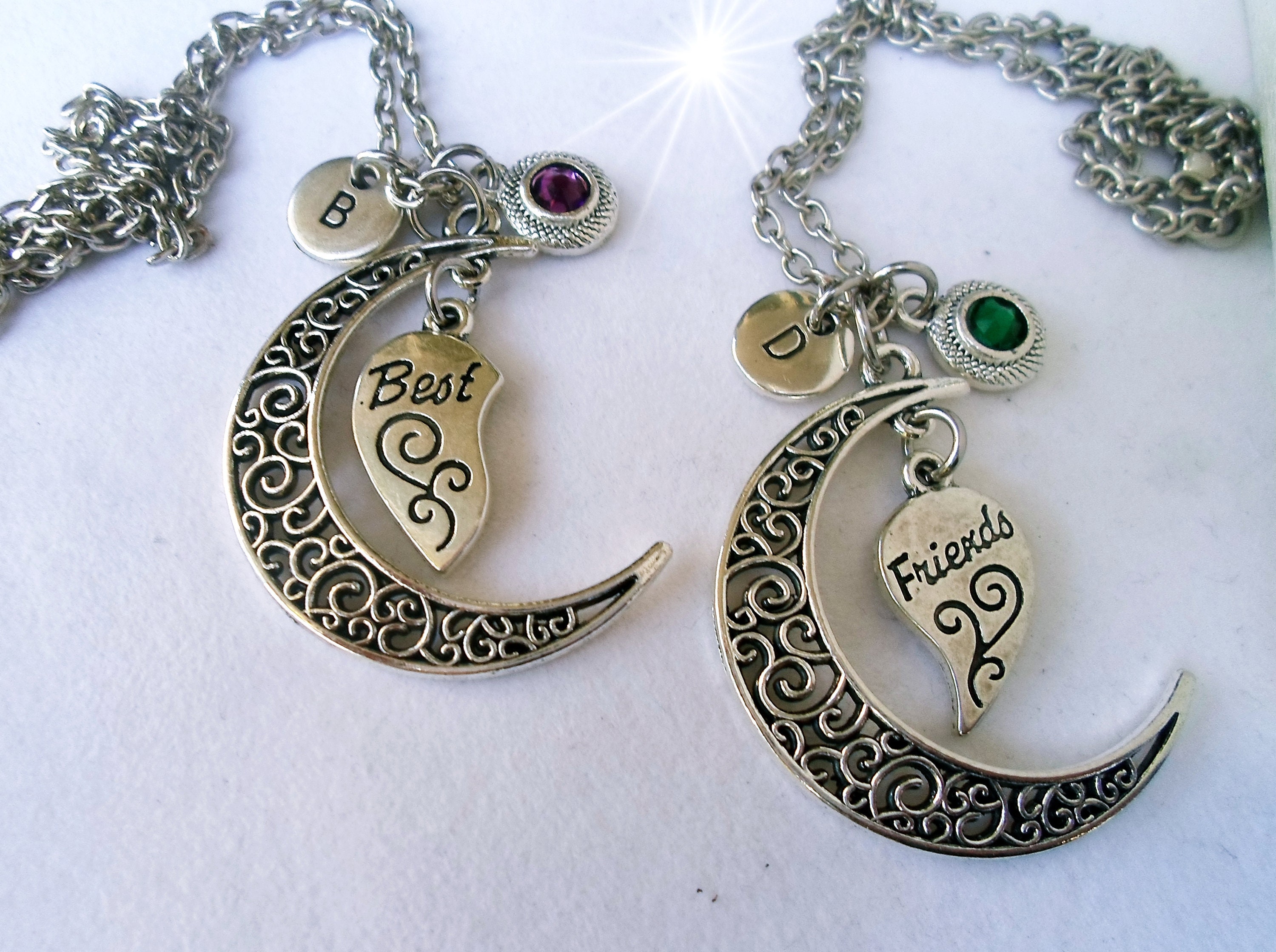 Set Of 2 Best Friends Filigree Crescent Moon Necklaces With Letter Charms & Birthstone Crystals Your Choice, Bff Gift, Graduation