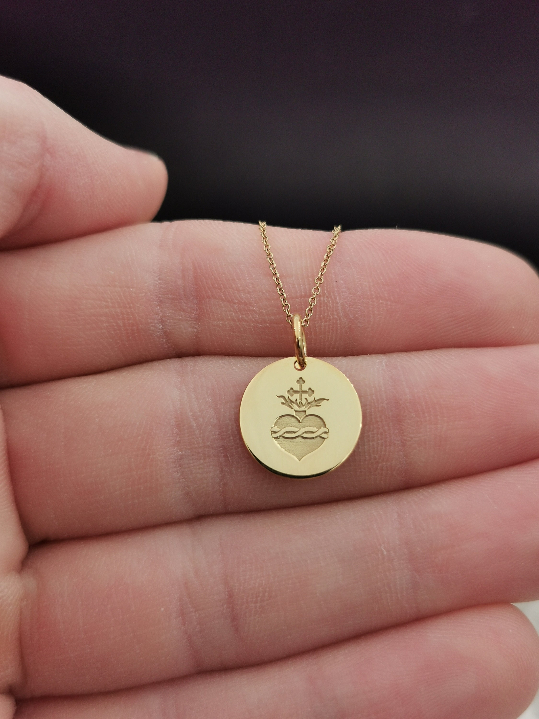 Dainty 14K Solid Gold Sacred Heart Necklace, Personalized Pendant, Religion Pendant