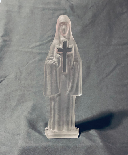 Antique Italian Art Glass Large Heavy Poured Prayer Madonna Virgin Mary Cross Textured Frosted Candlestick Holder Handmade in Italy