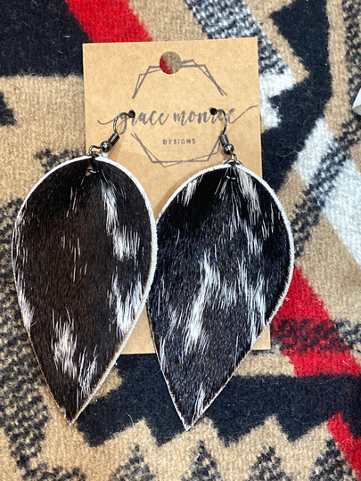 Black & White Hair On Hide Tear Drop Earrings, Cowgirl Gift, Western Fashion Dangles, Salt & Pepper Earrings