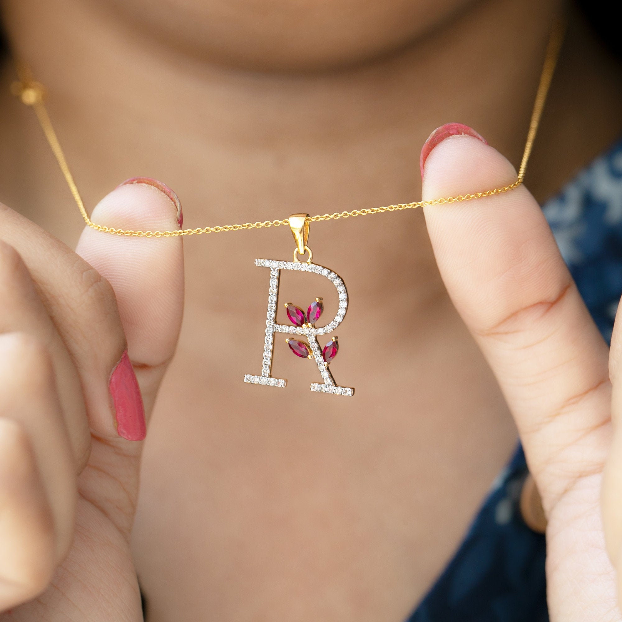 1 Ct Diamond Name Necklace, R Initial Created Ruby Pendant
