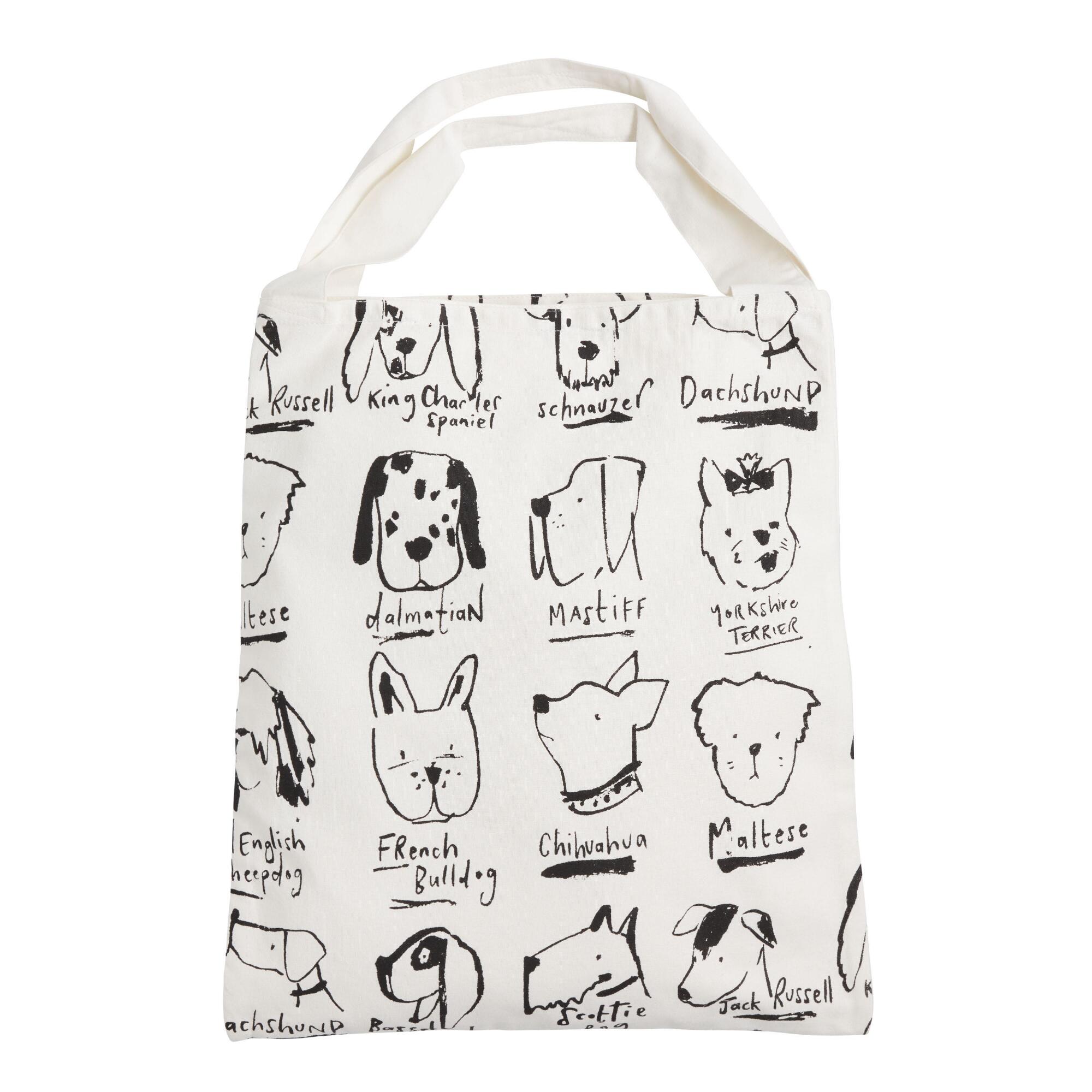 Large Black And White Illustrated Dogs Canvas Tote Bag by World Market